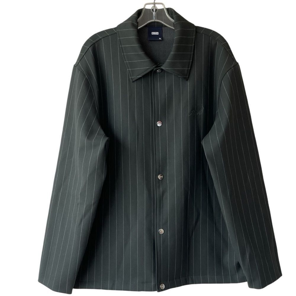 KITH Pinstripe Double Knit Coaches Jacket XL Nocturnal Green Black Snap SS23